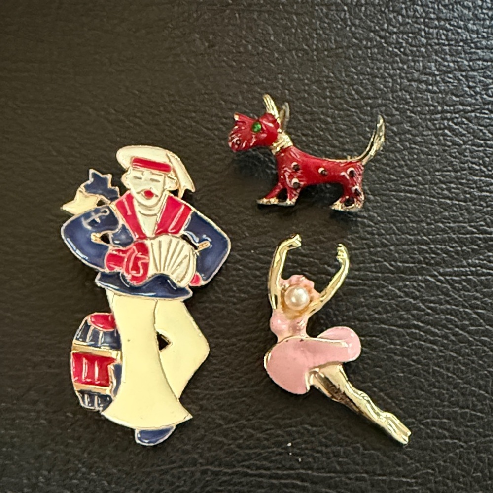 Vintage Enamel Pins - Sailor, Red Scottie, Pink Ballerina (Set of 3)